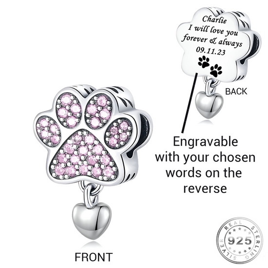 Engraved Cat / Dog Paw Pink Charm 925 Sterling Silver - Personalised ( fits Pandora )