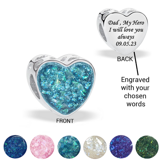 Engraved Ashes & Resin Heart Charm 925 Sterling Silver compatible with Pandora bracelets / necklace