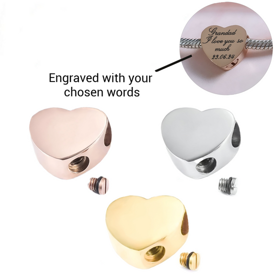 Engraved Self-Fill Ashes Heart Charm - Silver, Gold or Rose Gold - fits Pandora bracelets 