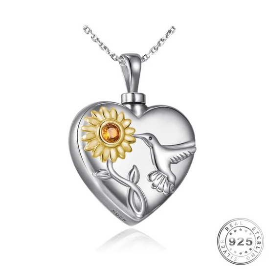Hummingbird & Sunflower Cremation Ashes Necklace 925 Sterling Silver Memorial