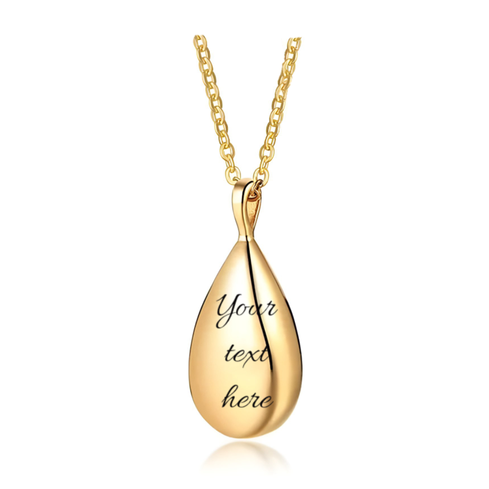 Engraved Teardrop Cremation Ashes Urn Necklace Gold Plated Memorial