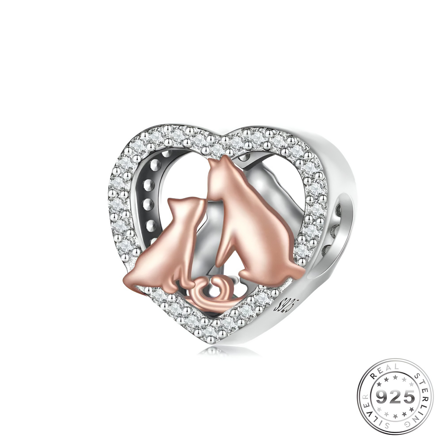 Cats Heart Charm 925 Sterling Silver & Rose Gold (fits pandora )