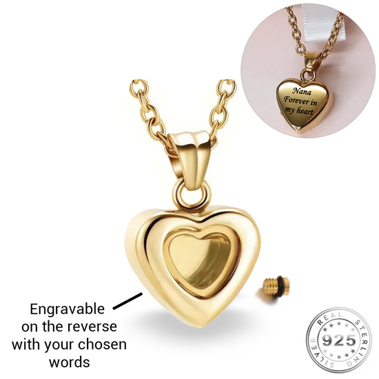 Engraved Gold Ashes Glass Heart Urn Necklace Self Fill keepsake Memorial - Mum Dad Nan Grandad Husband 