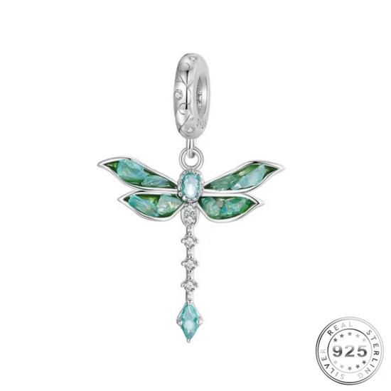 Dragonfly Charm Green & 925 Sterling Silver ( fits pandora )