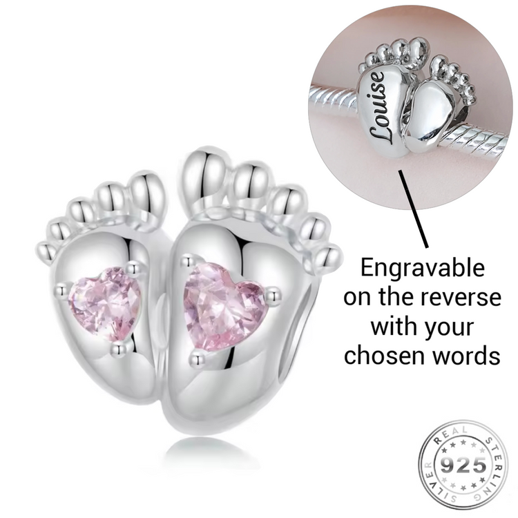 Engraved Baby Footprints / Feet Charm 925 Sterling Silver - Personalised ( fits Pandora ) Mum & Daughter - New baby girl