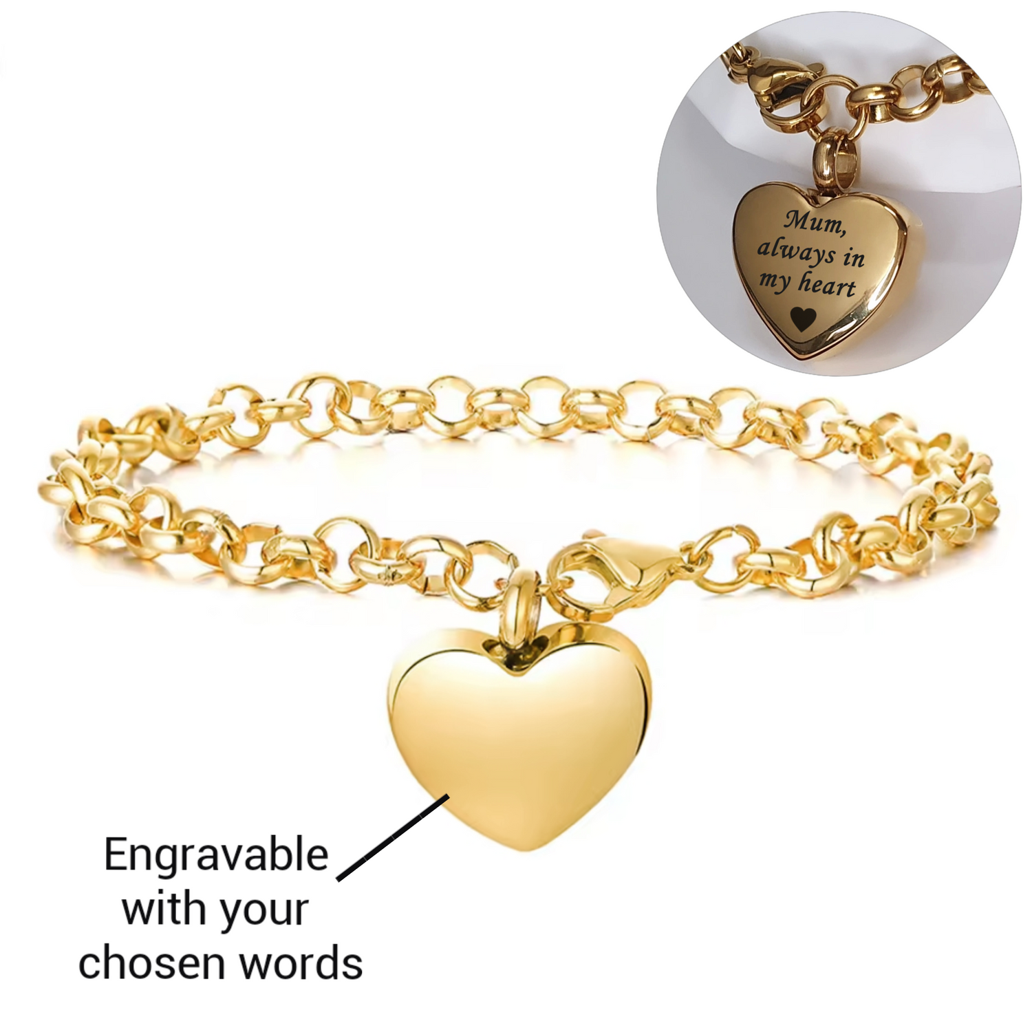 Gold Engraved Cremation Ashes Heart Urn Bracelet Self Fill