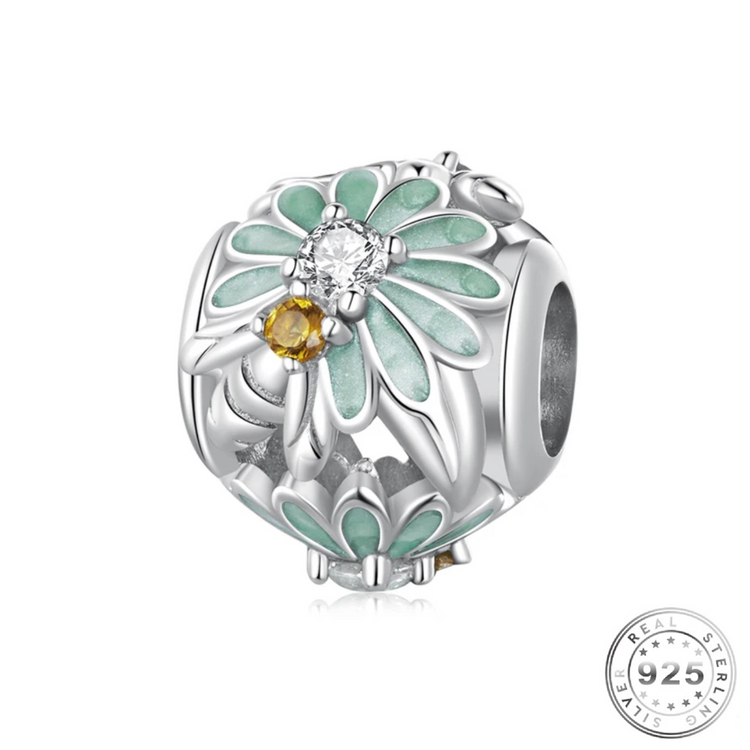 Daisy Flowers & Bee Charm 925 Sterling Silver ( fits pandora )