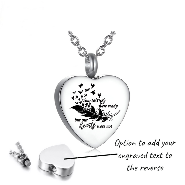 Engraved Angel Feather Cremation Ashes Urn Necklace Silver Memorial 