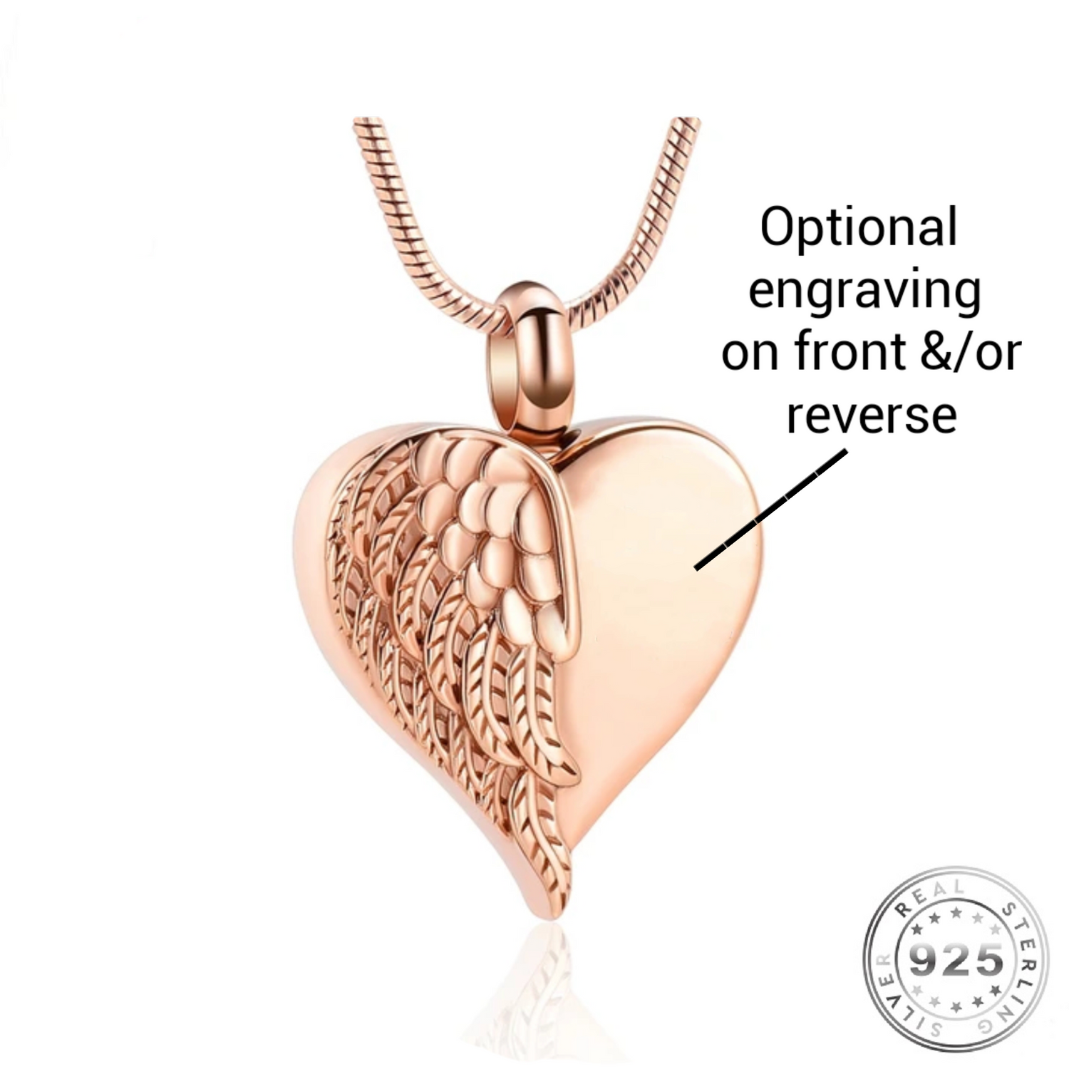 Engraved Cremation Ashes Angel Wing Heart Necklace Rose Gold Urn