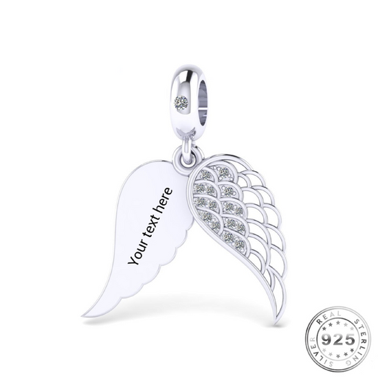 Engraved Angel Wing Charm 925 Sterling Silver - Personalised  (fits pandora )