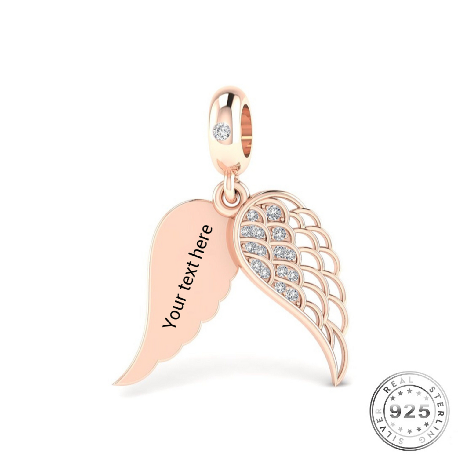 Engraved Angel Wing Charm Rose Gold 925 Sterling Silver - Personalised (fits pandora )