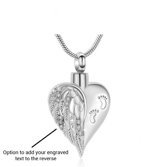 Engraved Baby / Infant Footprints Cremation Ashes Angel Wing Necklace Urn Silver Memorial