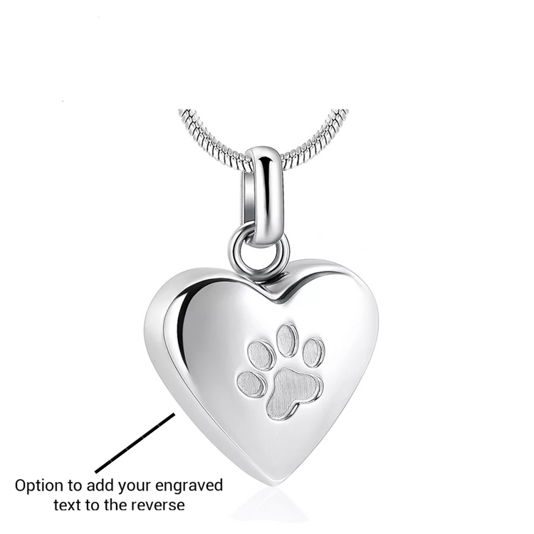 Engraved Pet Dog / Cat Cremation Ashes Paw Print Heart Necklace Silver urn memorial