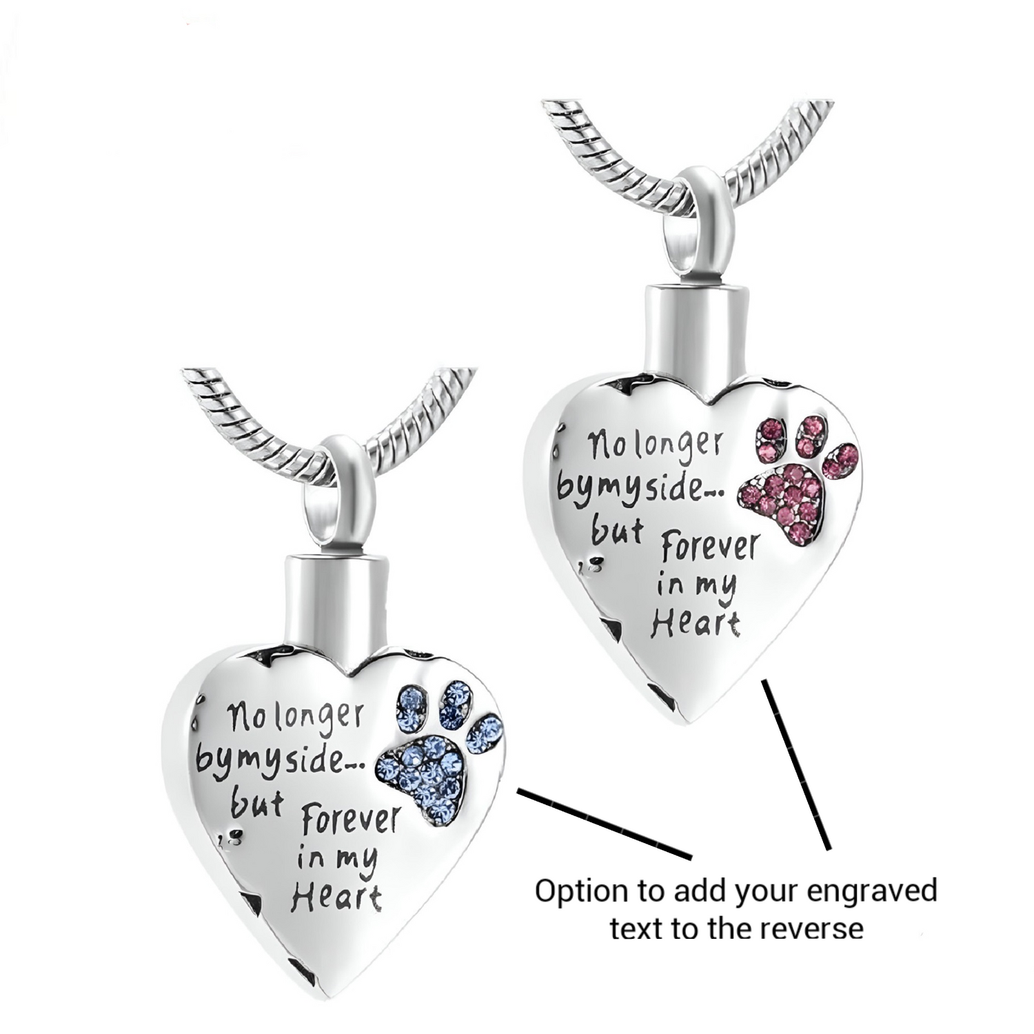 Engraved Pet Dog / Cat Cremation Ashes Necklace Urn Silver Pink Blue Paw Print