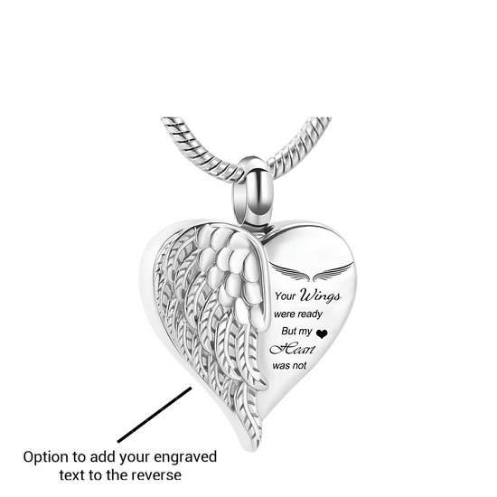 Engraved Cremation Ashes Angel Wing Heart Necklace Silver urn memorial