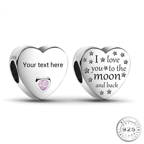 Engraved Heart Charm 925 Sterling Silver Love To Moon Personalised (fits pandora)