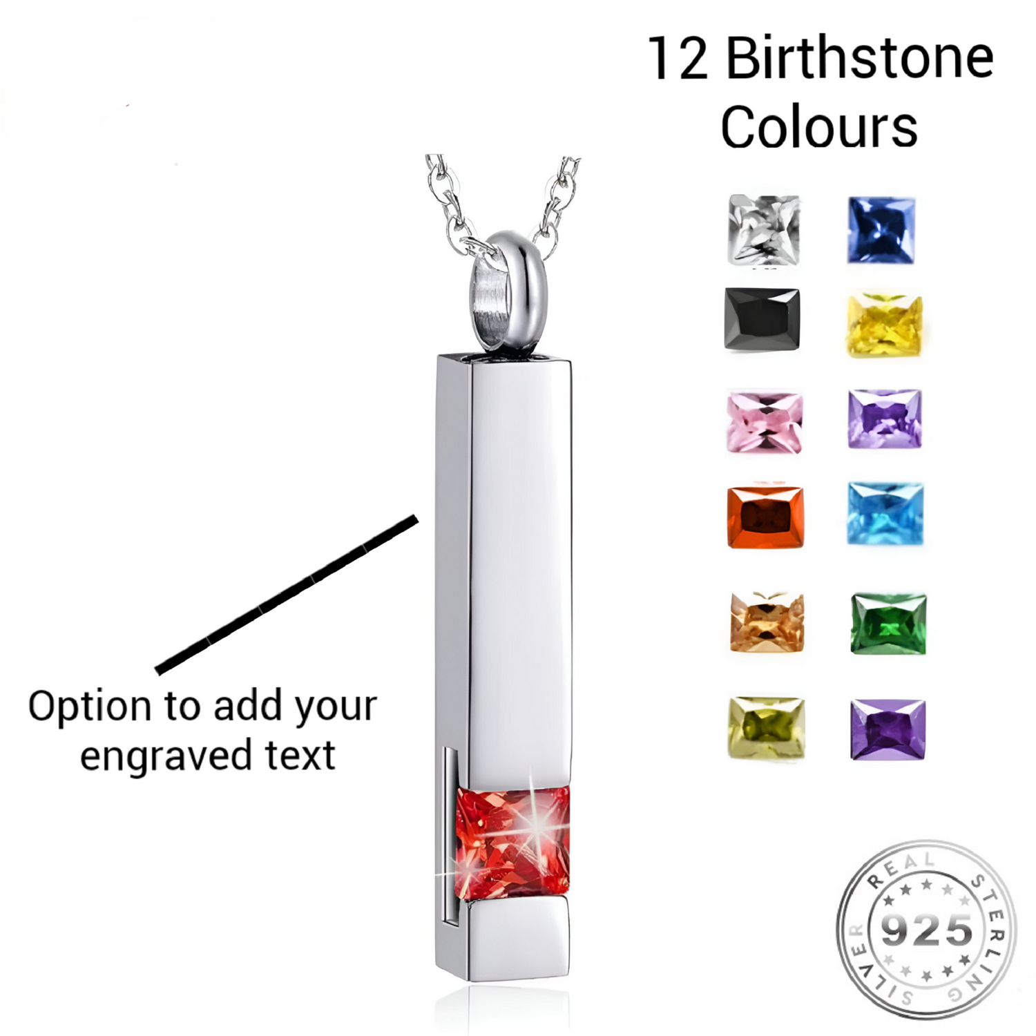 Engraved Cremation Ashes Bar Birthstone Necklace Stainless Steel urn
