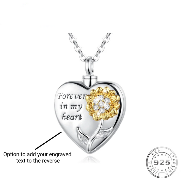 Engraved Cremation Ashes Sunflower Necklace 925 Sterling Silver urn memorial