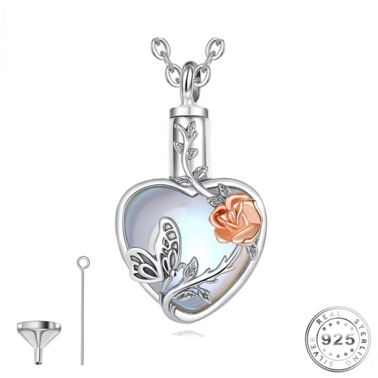 Butterfly Cremation Ashes Urn Necklace 925 Sterling Silver & Moonstone self fill