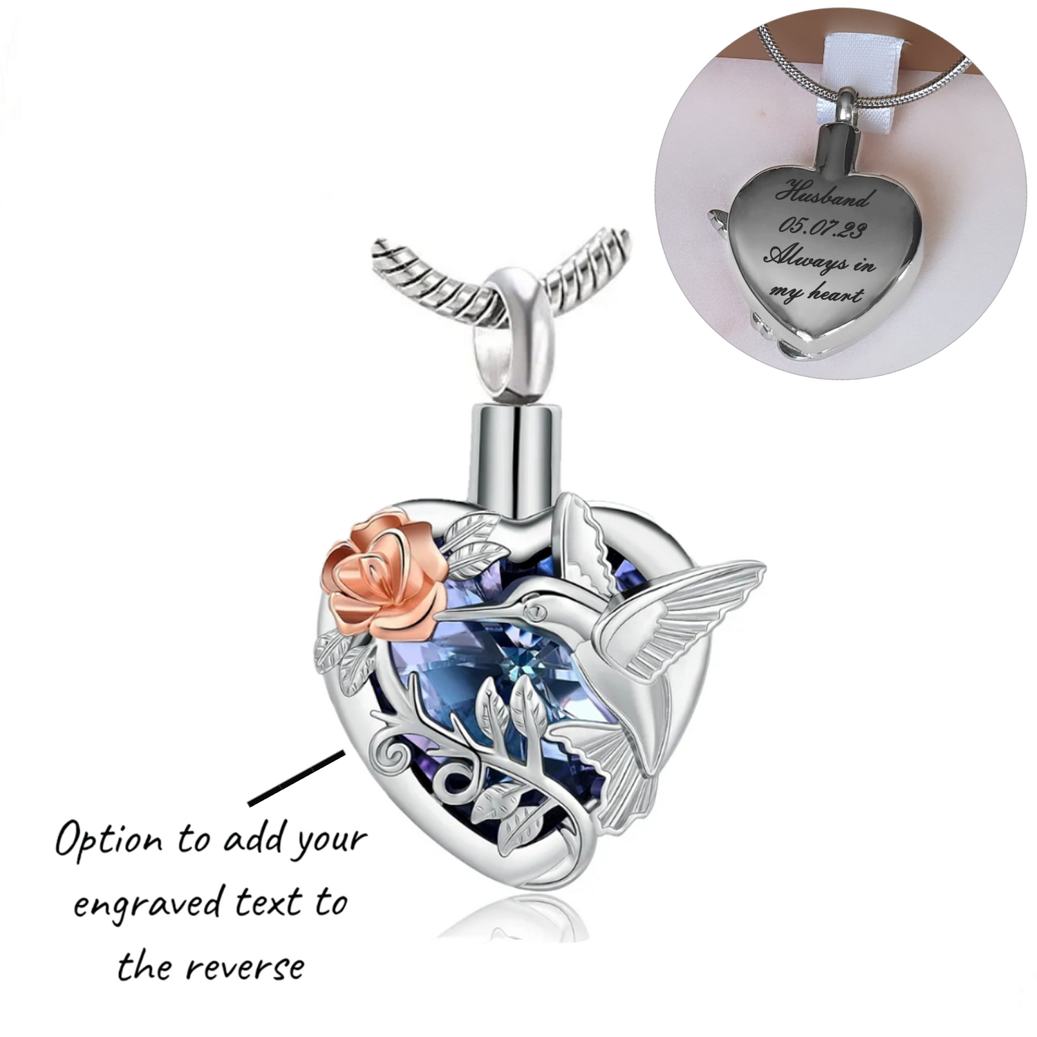Engraved Hummingbird Cremation Ashes Urn Necklace Silver