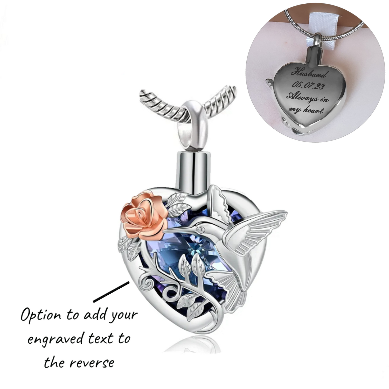 Engraved Hummingbird Cremation Ashes Urn Necklace Silver self fill