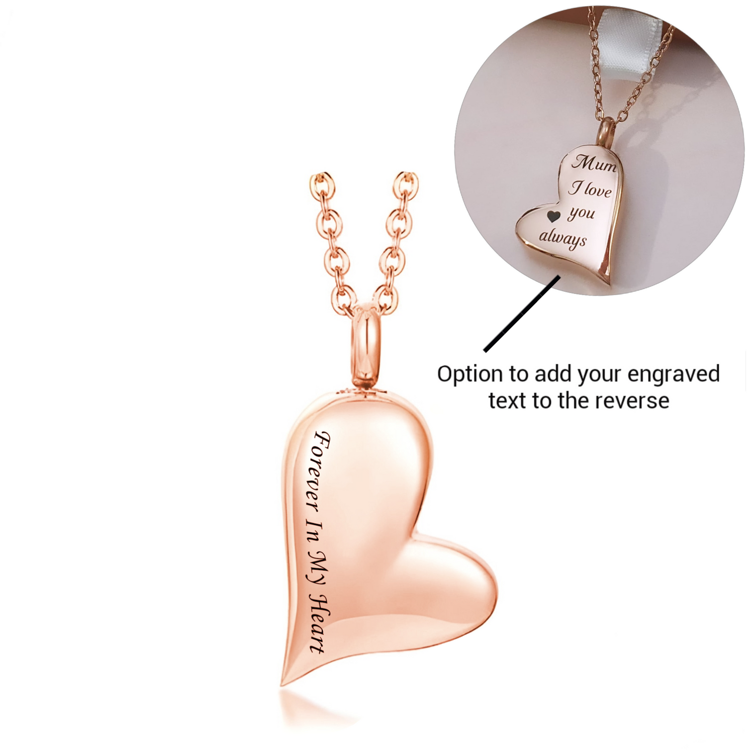 Engraved Heart Cremation Ashes Urn Necklace Rose Gold self fill