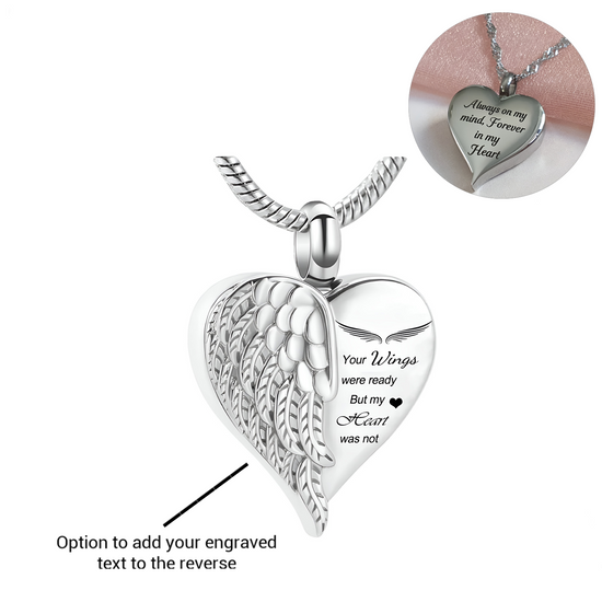 Engraved Cremation Ashes Angel Wing Heart Urn Necklace Silver self fill