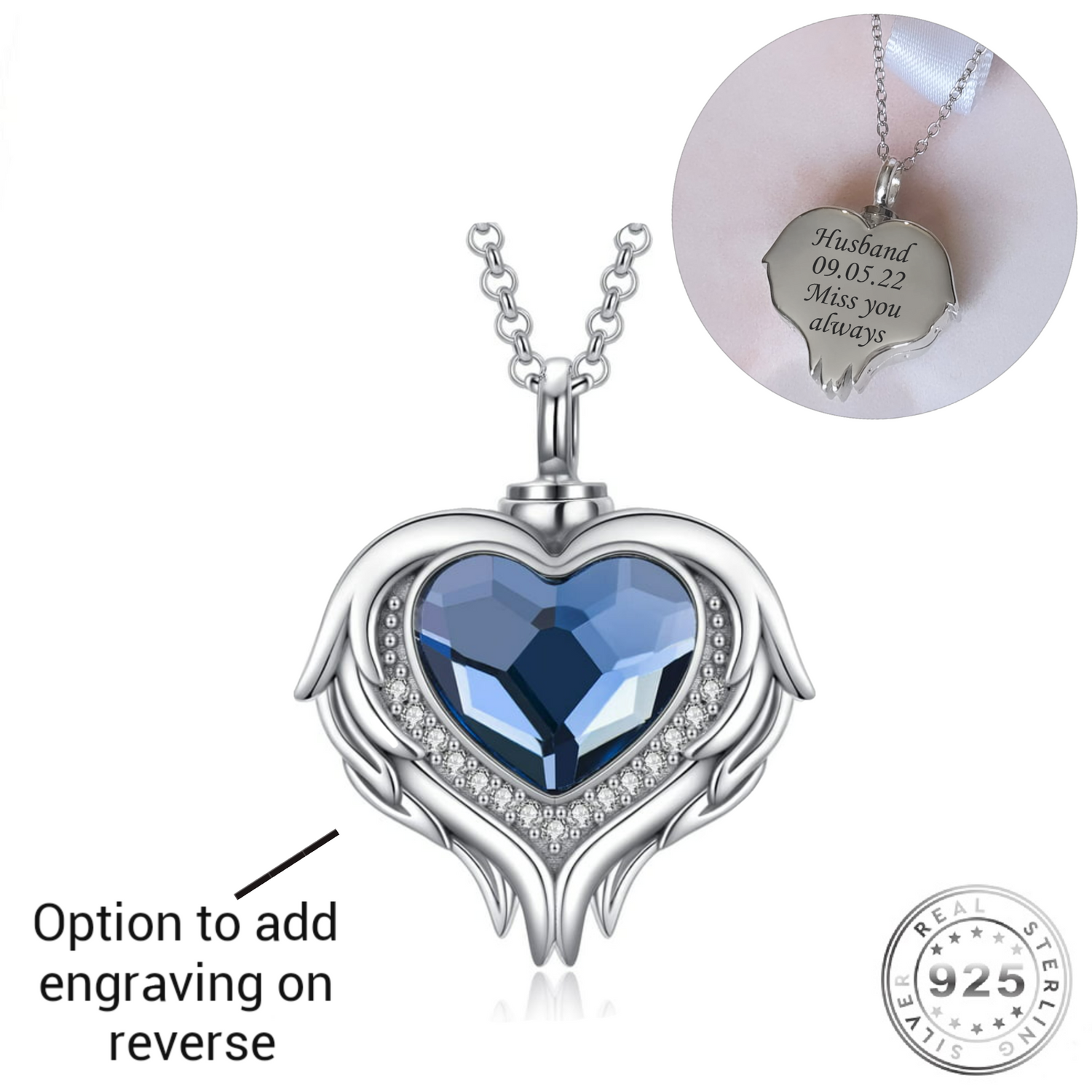 Engravable Blue Angel Wings Ashes Urn Necklace 925 Sterling Silver self fill