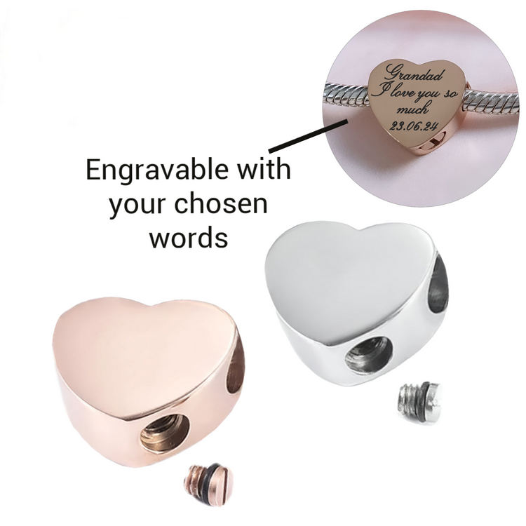 Engraved Self-Fill Ashes Heart Charm - Silver or Rose Gold ( fits pandora )