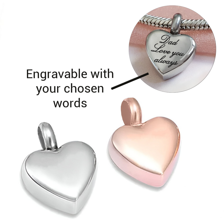 Engraved Self-Fill Ashes Heart Charm - Silver or Rose Gold ( fits pandora )