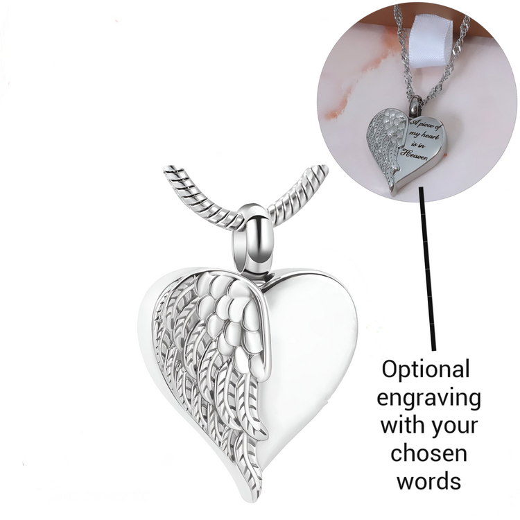 Engraved Cremation Ashes Angel Wing Heart Urn Necklace Silver  self  fill