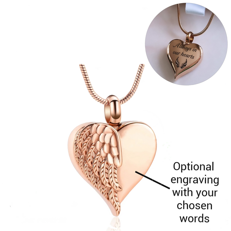 Engraved Cremation Ashes Angel Wing Heart Urn Necklace Rose Gold 