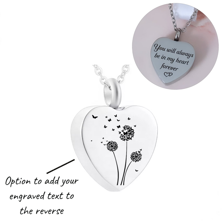 Engraved Dandelion and Butterflies Cremation Ashes Urn Necklace Silver self fill