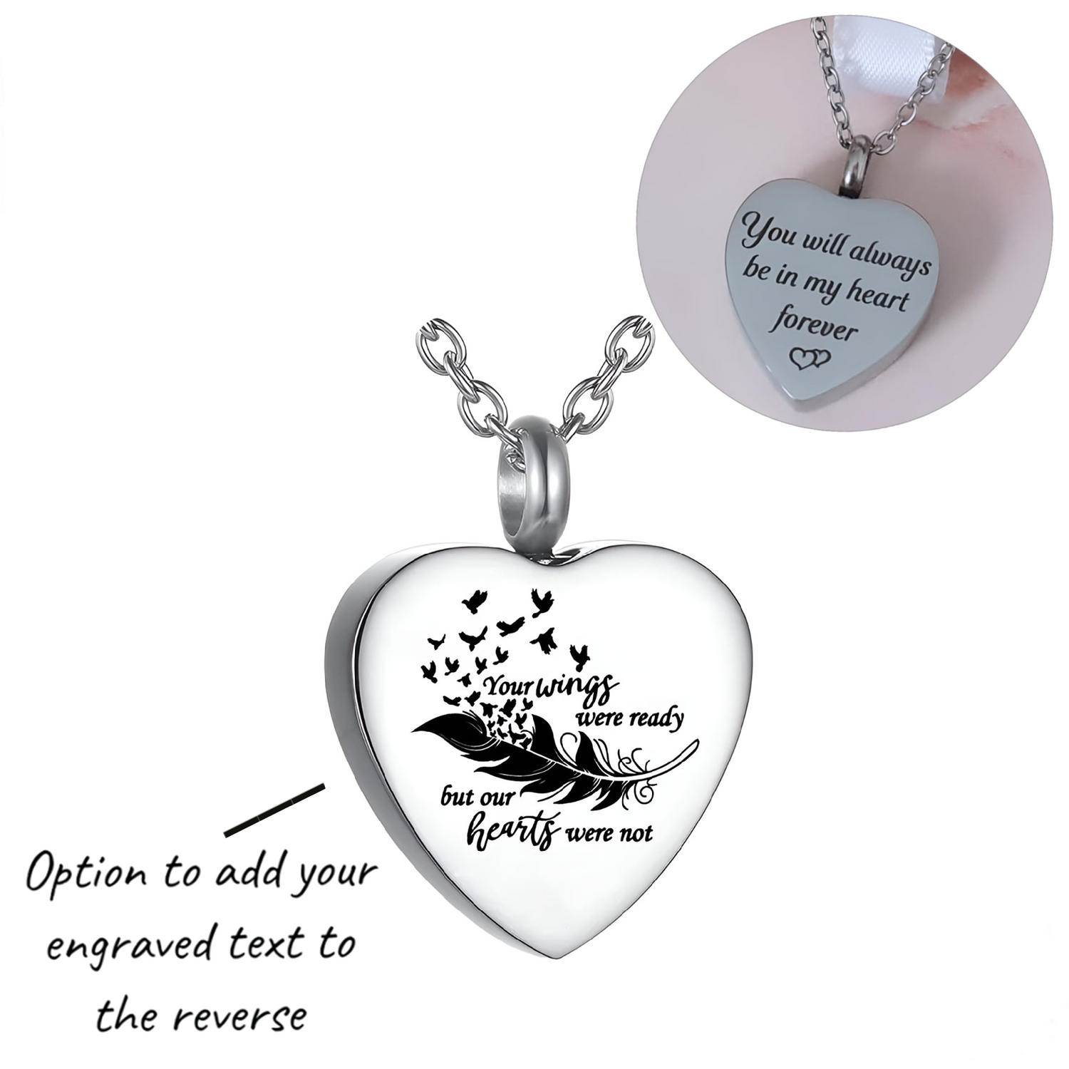 Engraved Angel Feather Cremation Ashes Urn Necklace Silver self fill