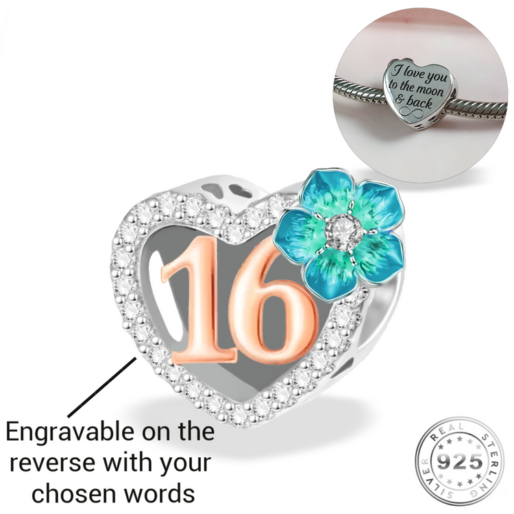 Engraved 16th Birthday Charm 925 Sterling Silver- Personalised With Your Text ( fits pandora )