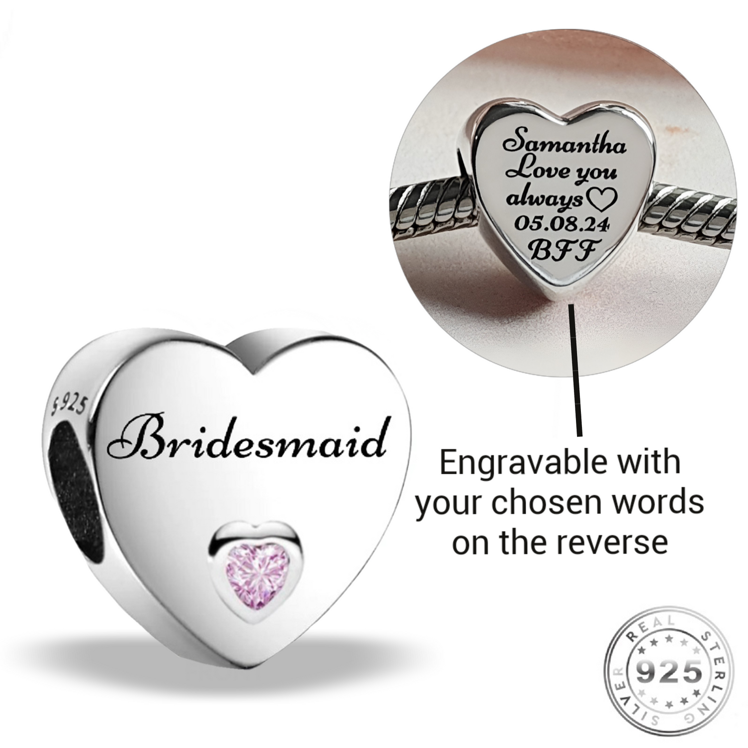 Engraved Bridesmaid Charm 925 Sterling Silver- Personalised With Your Text ( fits pandora )