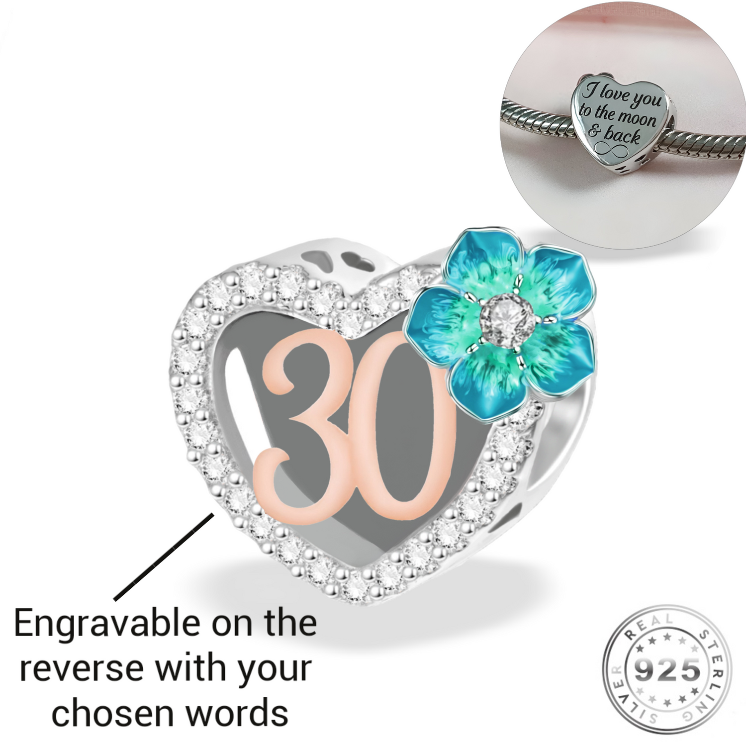 Engraved 30th Birthday Charm 925 Sterling Silver- Personalised With Your Text ( fits pandora )