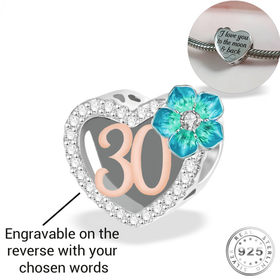 Engraved 30th Birthday Charm 925 Sterling Silver- Personalised With Your Text ( fits pandora )