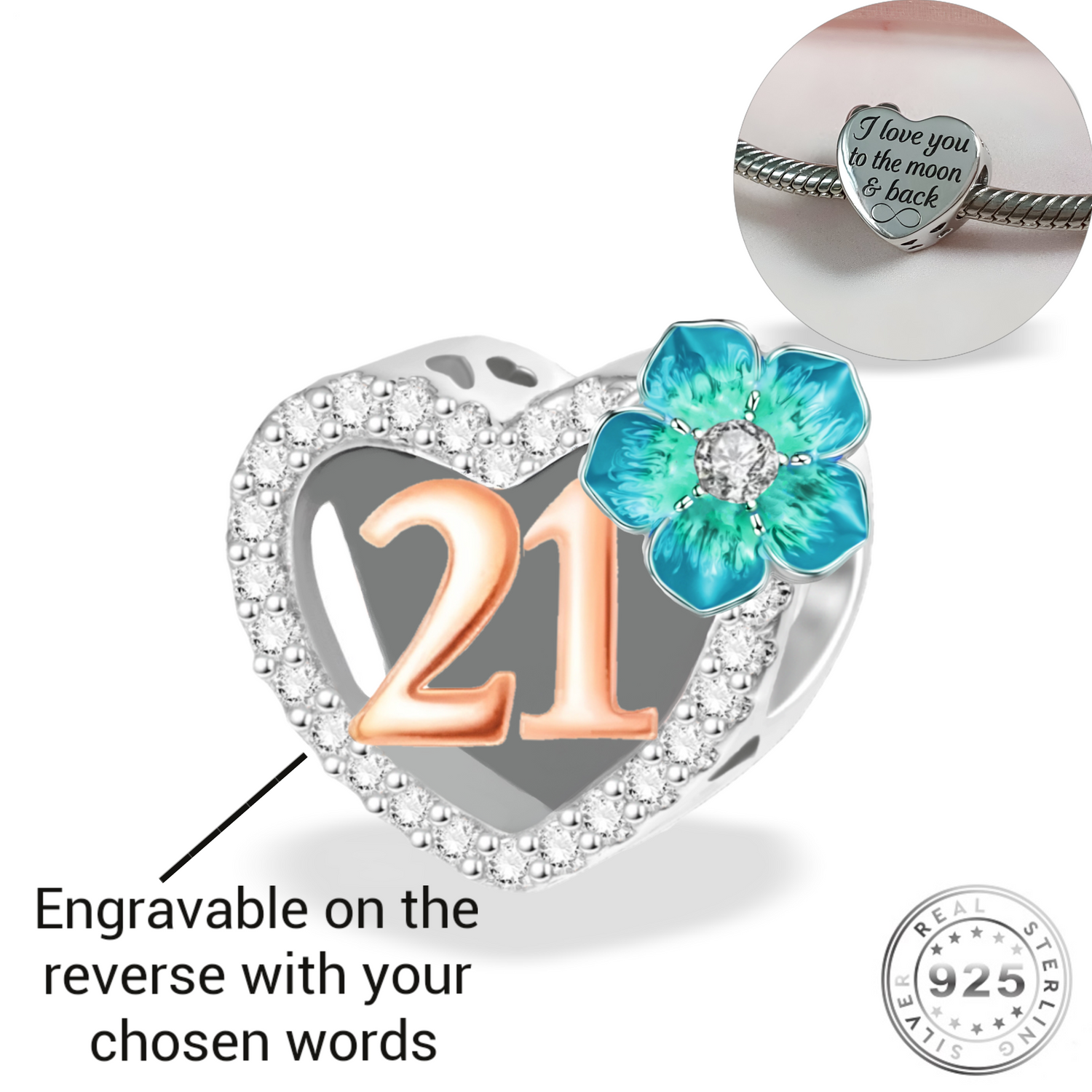 Engraved 21st Birthday Charm 925 Sterling Silver- Personalised With Your Text ( fits pandora )