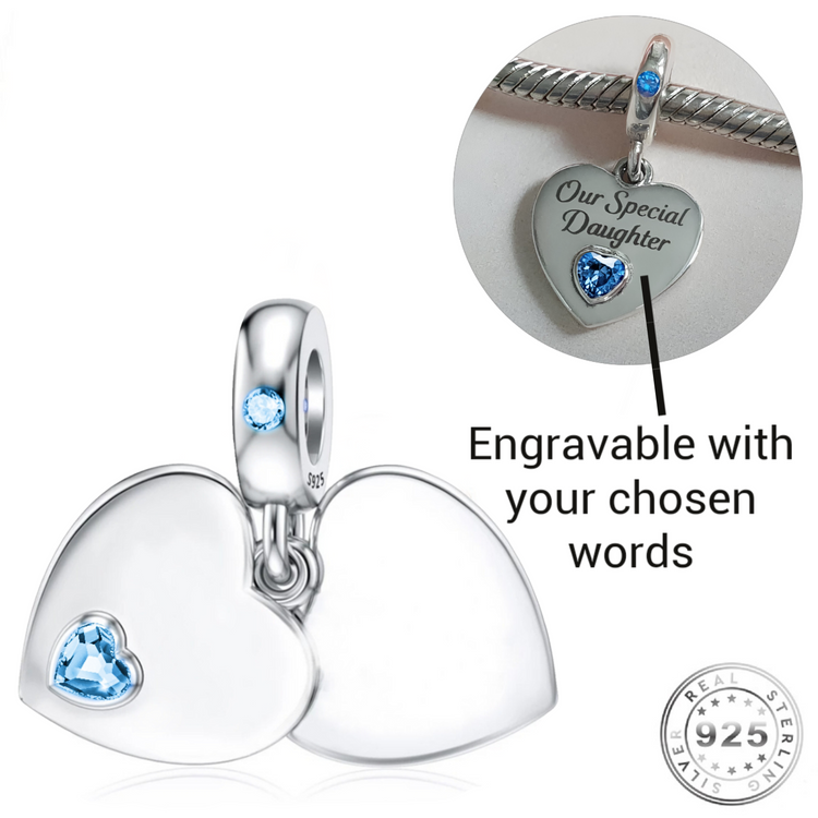 Engraved Heart Dangle Charm 925 Sterling Silver - Personalised with your text ( pandora compatible )