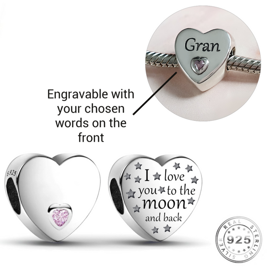 Engraved I Love You To The Moon Charm 925 Sterling Silver - Personalised with your text ( fits pandora )