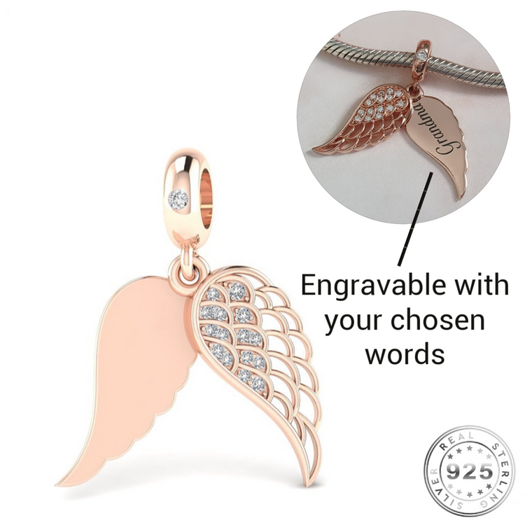 Engraved Angel Wing Charm Rose Gold 925 Sterling Silver - Personalised with your text ( fits pandora )