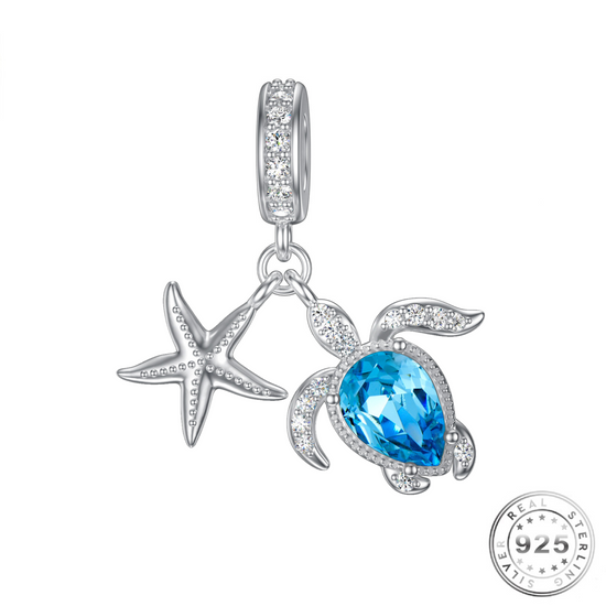 Turtle Charm 925 Sterling Silver & Aqua Blue Crystal