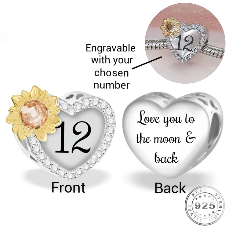 Engraved Sunflower Birthday / Anniversary Charm 925 Sterling Silver ( fits pandora ) - 5 years, 10 years, 12 years, 15 years, 25 years, 30 years 