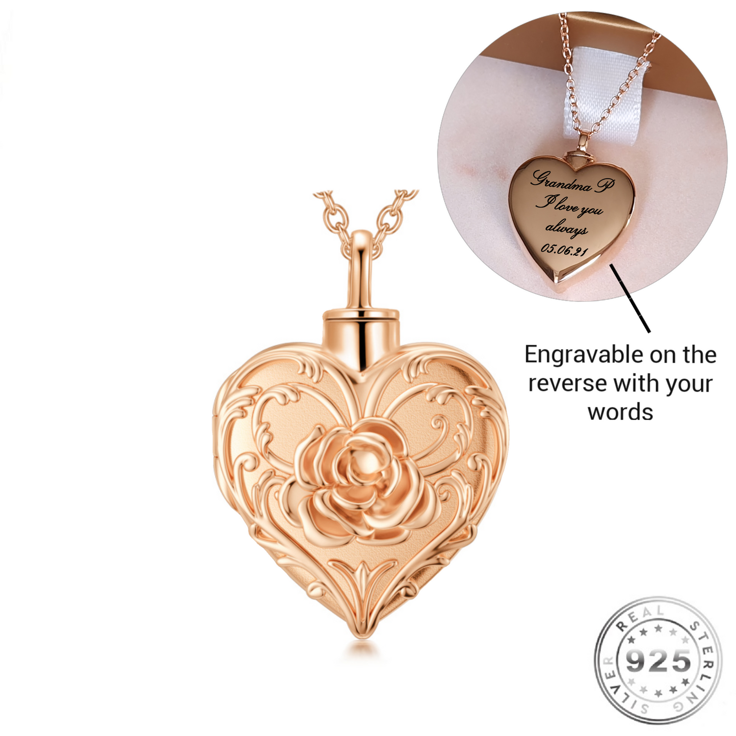 Rose Gold Cremation Ashes Necklace 925 Sterling Silver Urn Self
