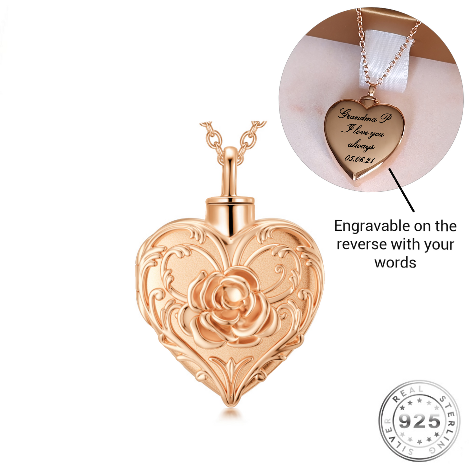 Engraved Heart Cremation Ashes Urn Necklace Rose Gold Plated 925 Sterling Silver self fill