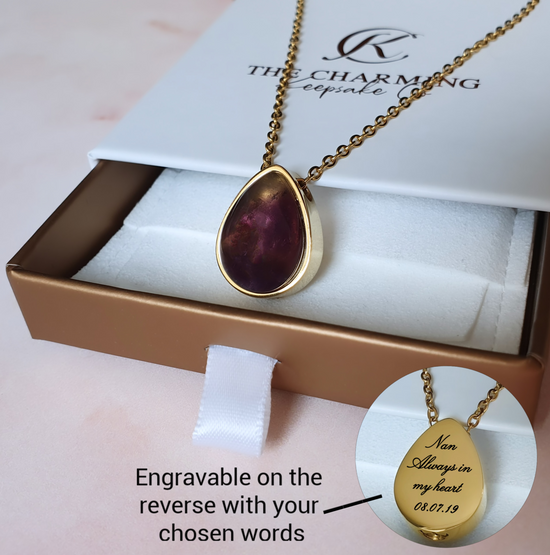 Engraved Amethyst Teardrop Cremation Ashes Urn Necklace Gold Plated self fill