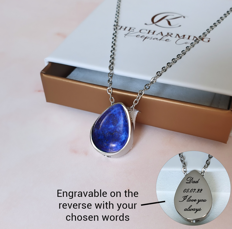 Engraved Crystal Cremation Ashes Urn Necklace Silver self fill