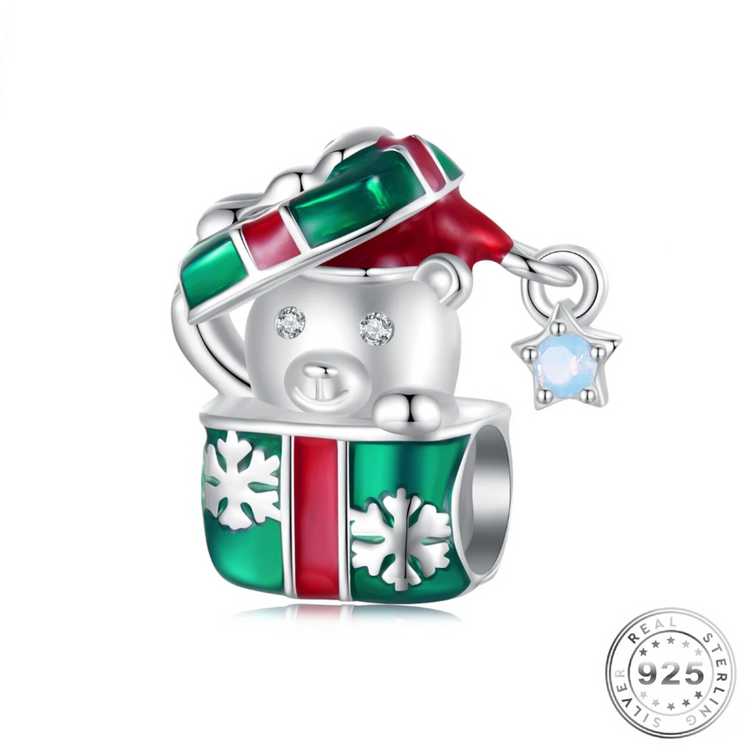 Christmas Bear & Present Charm 925 Sterling Silver fits pandora