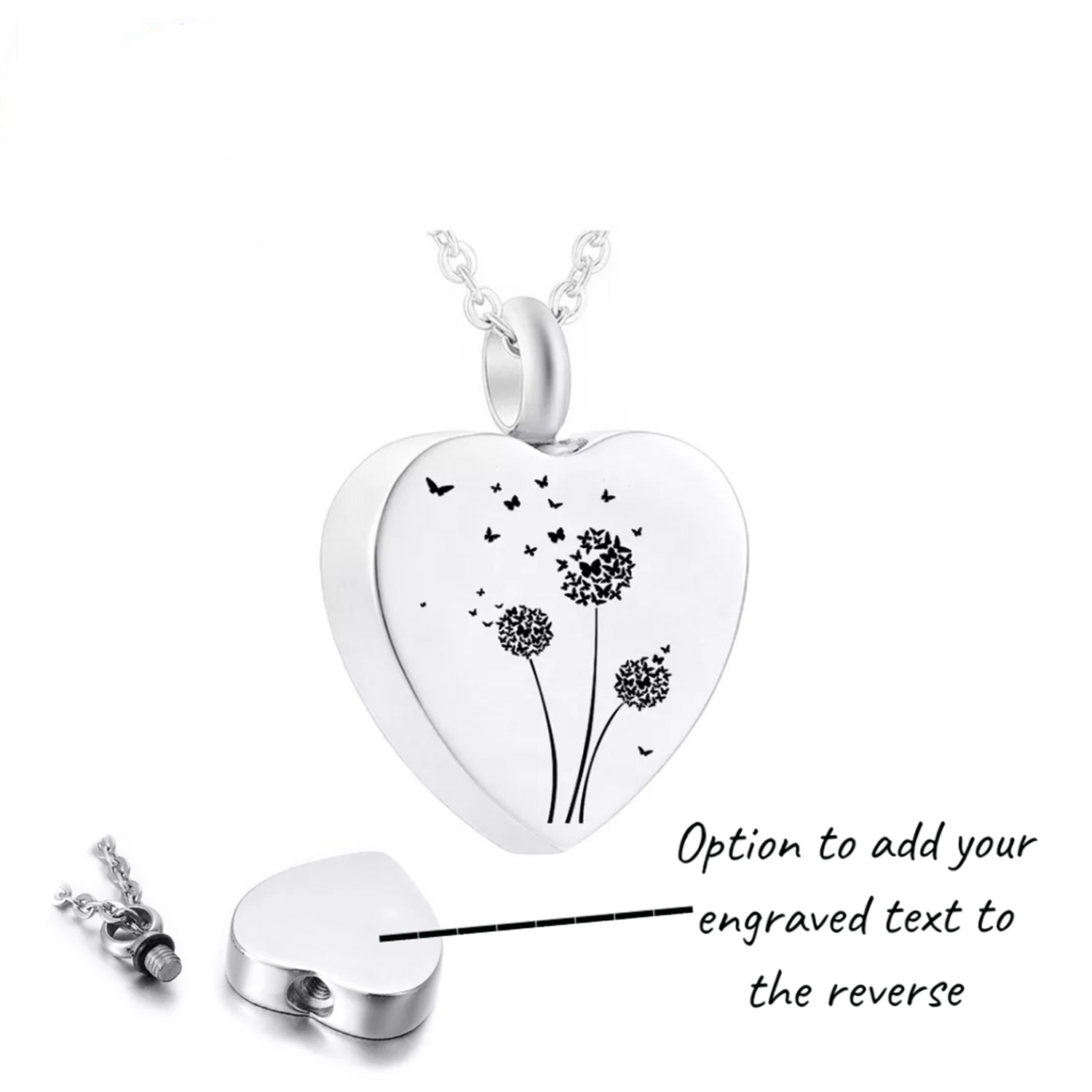 Engravable Dandelion and Butterflies Cremation Ashes Urn Necklace Silver